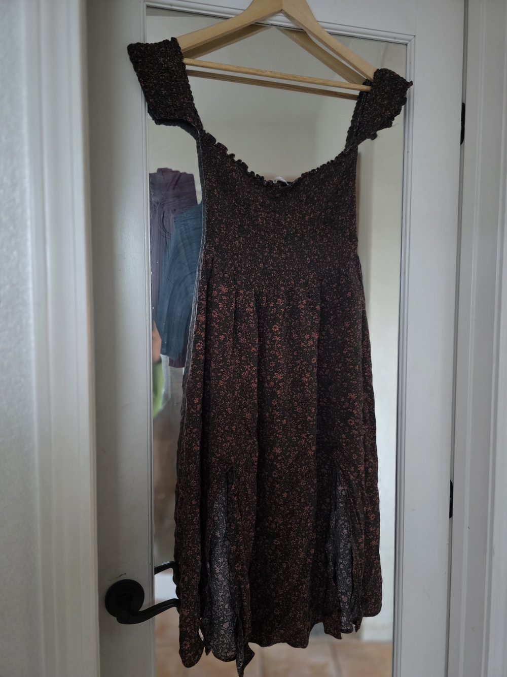 Blush Brown Floral Midi Dress with Smocked Bodice